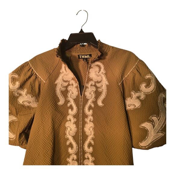 Women's size small "THML" boho-chic Split V-neck, mandarin-style business blouse - Picture 3 of 7